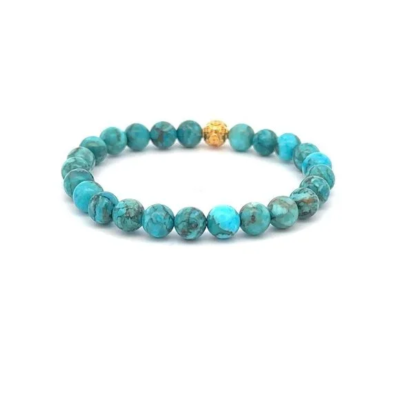 18K Gold Money Ball Lucky Bracelet Gemstones Turquoise 6mm - Picture 4 of 5